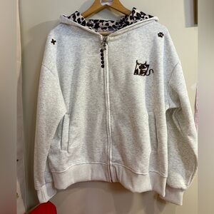 Light Gray Zip Hoodie with Animal Print Lining